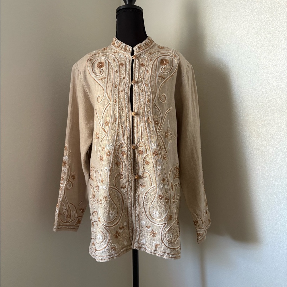 Coldwater Creek Tan Cream Embroidered Linen Coat- Size Medium
